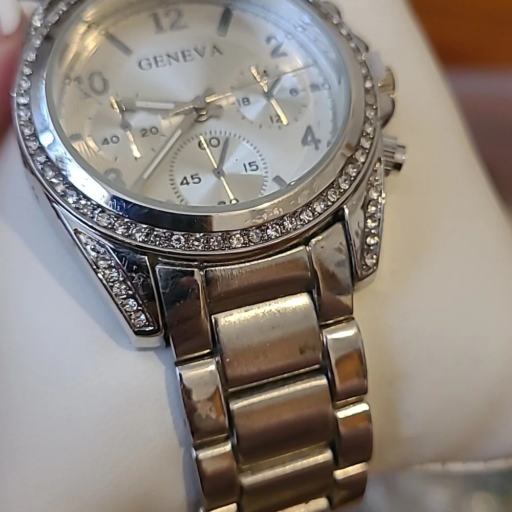 Geneva Silver Watch with Crystal Accents